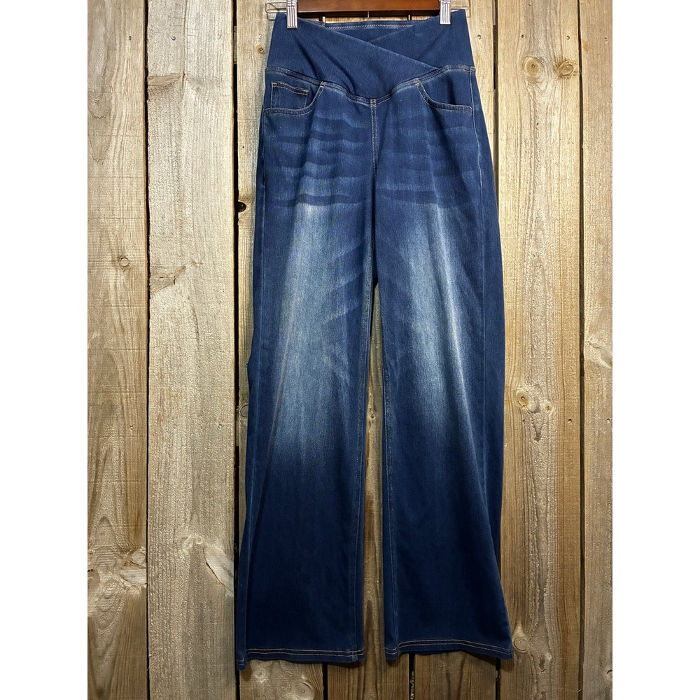 Halara Flex Denim High Waisted Crossover Wide Leg Pants Blue Small Regular NWT